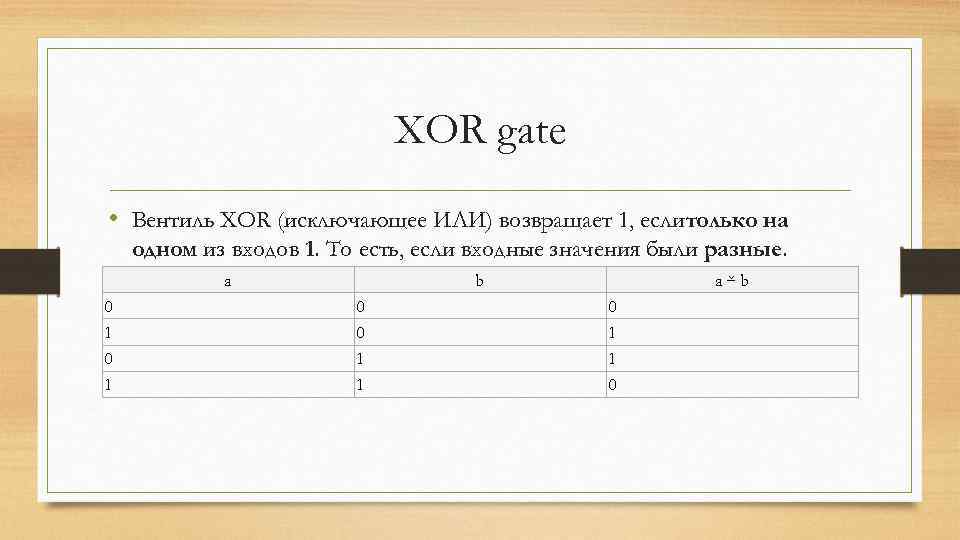 XOR gate • Вентиль XOR (исключающее ИЛИ) возвращает 1, еслитолько на одном из входов