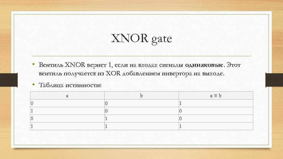 XNOR gate • Вентиль XNOR вернет 1, если на входах сигналы одинаковые. Этот вентиль