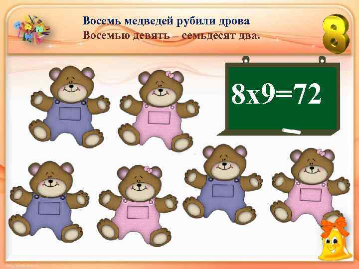 Восемь медведей рубили дрова Восемью девять – семьдесят два. 8 х9=72 