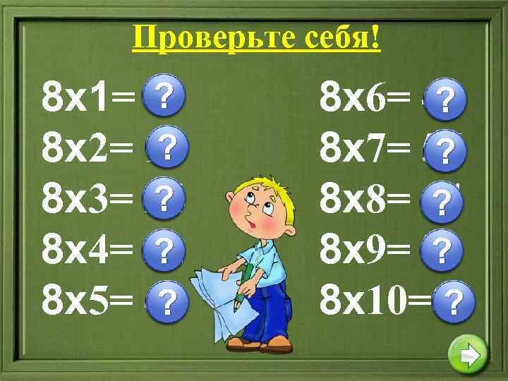 Проверьте себя! 8 х1= 8 8 х2= 16 8 х3= 24 8 х4= 32