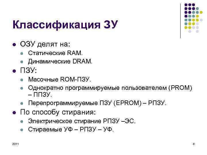 Классификация ЗУ l ОЗУ делят на: l l l ПЗУ: l l Масочные ROM-ПЗУ.