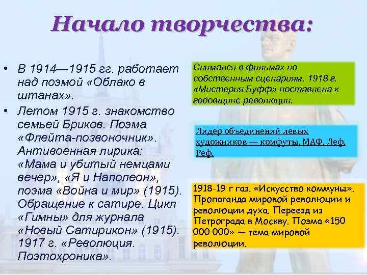 Начало творчества: • В 1914— 1915 гг. работает над поэмой «Облако в штанах» .