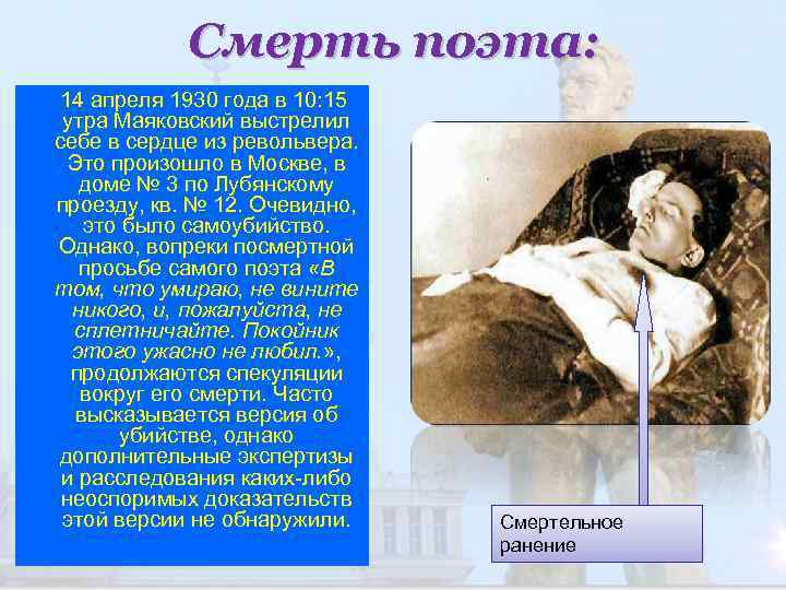 Смерть поэта: 14 апреля 1930 года в 10: 15 утра Маяковский выстрелил себе в