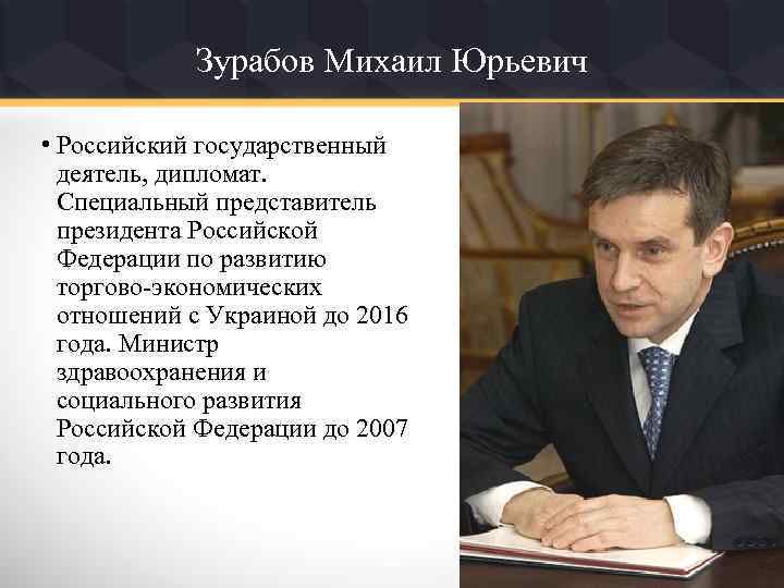 Зурабов Михаил Юрьевич • Российский государственный деятель, дипломат. Специальный представитель президента Российской Федерации по