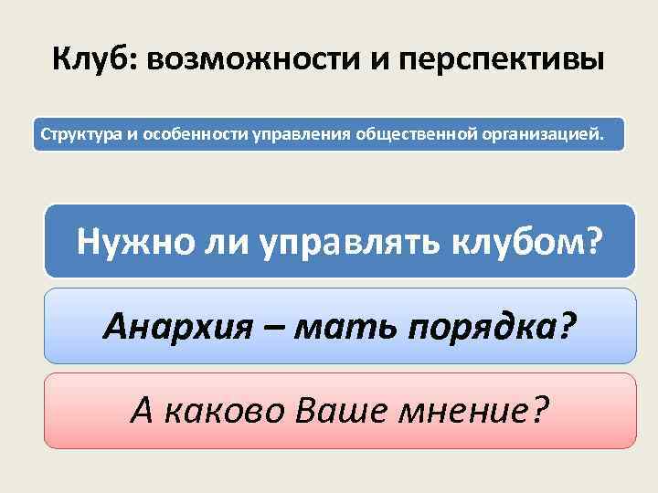 Клуб: возможности и перспективы Структура и особенности управления общественной организацией. Нужно ли управлять клубом?