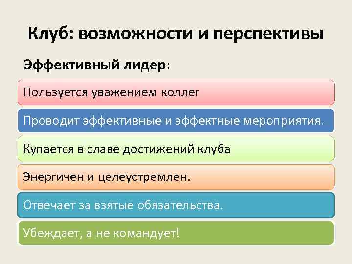 Клуб: возможности и перспективы Эффективный лидер: Пользуется уважением коллег Проводит эффективные и эффектные мероприятия.