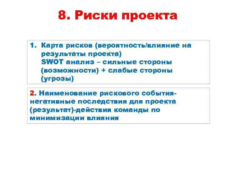 8. Риски проекта 1. Карта рисков (вероятность/влияние на результаты проекта) SWOT анализ – сильные