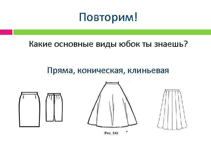 Повторим! Какие основные виды юбок ты знаешь? Пряма, коническая, клиньевая 