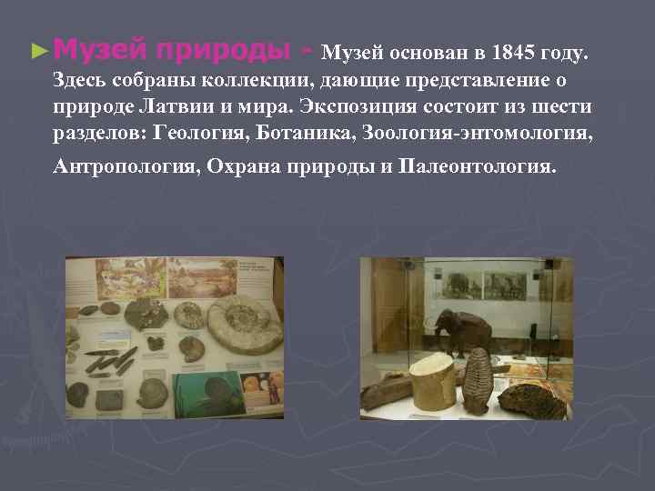 ► Музей природы - Музей основан в 1845 году. Здесь собраны коллекции, дающие представление