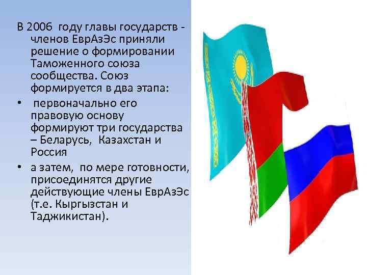 В 2006 году главы государств членов Евр. Аз. Эс приняли решение о формировании Таможенного