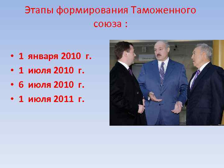 Этапы формирования Таможенного союза : • • 1 1 6 1 января 2010 г.