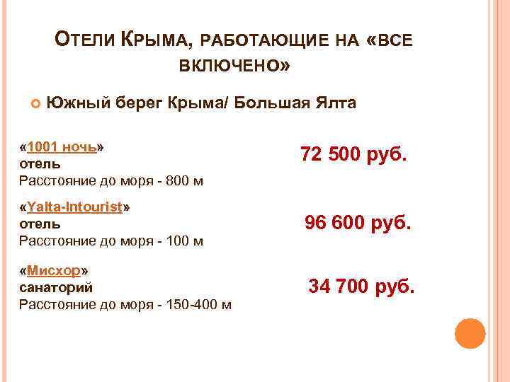 ОТЕЛИ КРЫМА, РАБОТАЮЩИЕ НА «ВСЕ ВКЛЮЧЕНО» Южный берег Крыма/ Большая Ялта « 1001 ночь»