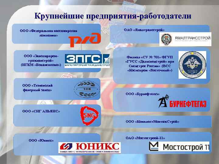 Крупнейшие предприятия-работодатели ООО «Федеральная пассажирская компания» ООО «Заполярпромгражданстрой» (НГКМ «Бованенково» ) ООО «Тюменский фанерный