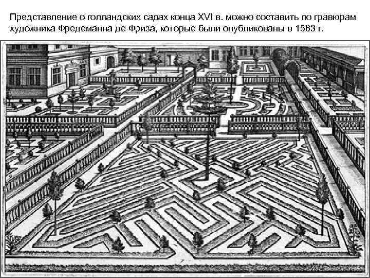 Представление о голландских садах конца XVI в. можно составить по гравюрам художника Фредеманна де