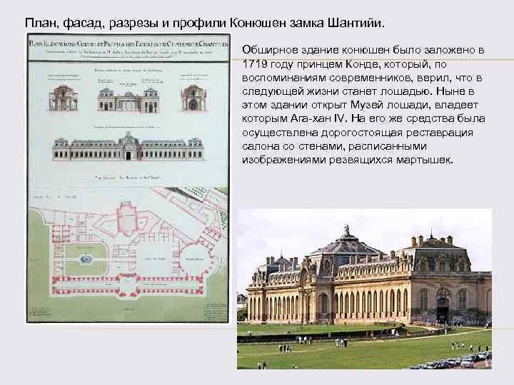 План, фасад, разрезы и профили Конюшен замка Шантийи. Обширное здание конюшен было заложено в