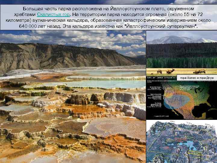Большая часть парка расположена на Йеллоустоунском плато, окруженном хребтами Скалистых гор. На территории парка