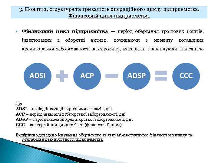 3. Поняття, структура та тривалість операційного циклу підприємства. Фінансовий цикл підприємства — період обертання
