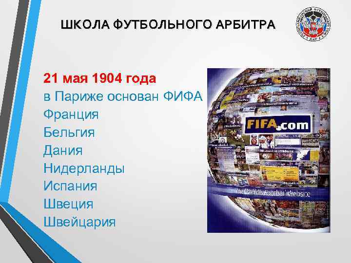 ШКОЛА ФУТБОЛЬНОГО АРБИТРА 21 мая 1904 года в Париже основан ФИФА Франция Бельгия Дания