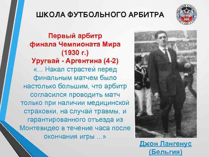 ШКОЛА ФУТБОЛЬНОГО АРБИТРА Первый арбитр финала Чемпионата Мира (1930 г. ) Уругвай - Аргентина
