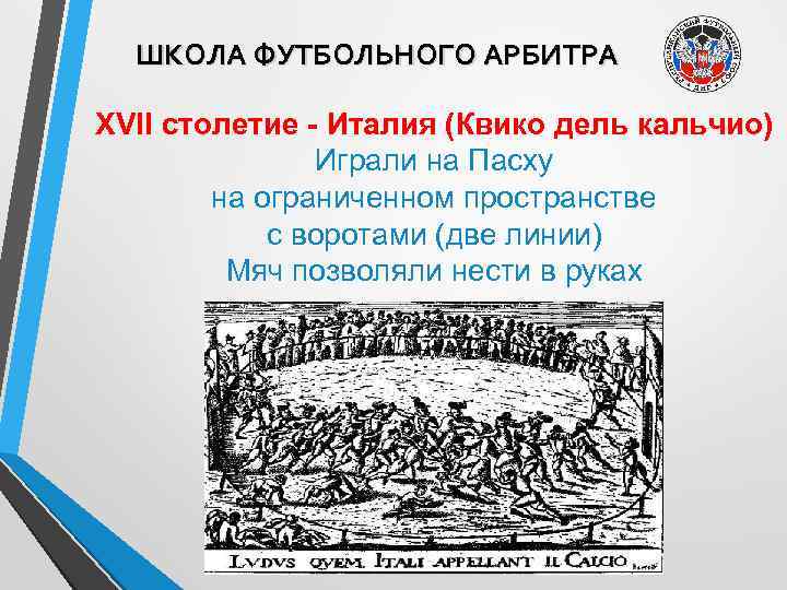 ШКОЛА ФУТБОЛЬНОГО АРБИТРА ХVII столетие - Италия (Квико дель кальчио) Играли на Пасху на