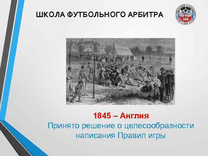 ШКОЛА ФУТБОЛЬНОГО АРБИТРА 1845 – Англия Принято решение о целесообразности написания Правил игры 