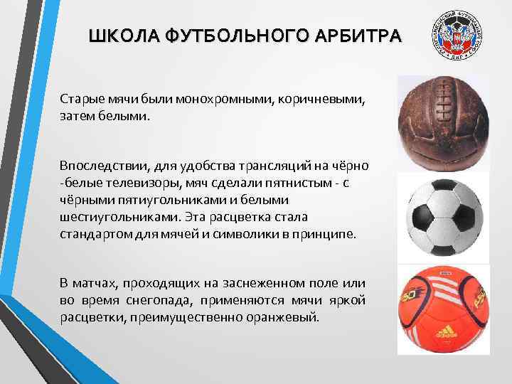 ШКОЛА ФУТБОЛЬНОГО АРБИТРА Старые мячи были монохромными, коричневыми, затем белыми. Впоследствии, для удобства трансляций