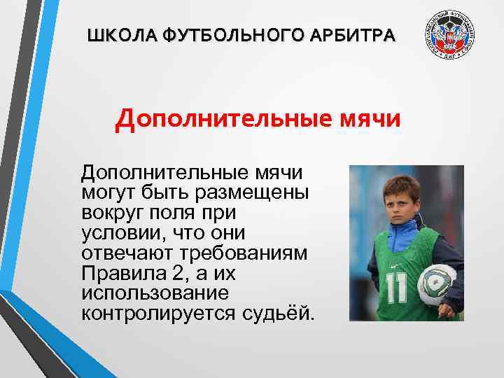ШКОЛА ФУТБОЛЬНОГО АРБИТРА Дополнительные мячи могут быть размещены вокруг поля при условии, что они