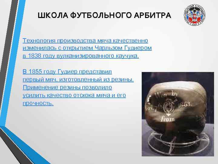 ШКОЛА ФУТБОЛЬНОГО АРБИТРА Технология производства мяча качественно изменилась с открытием Чарльзом Гудиером в 1838