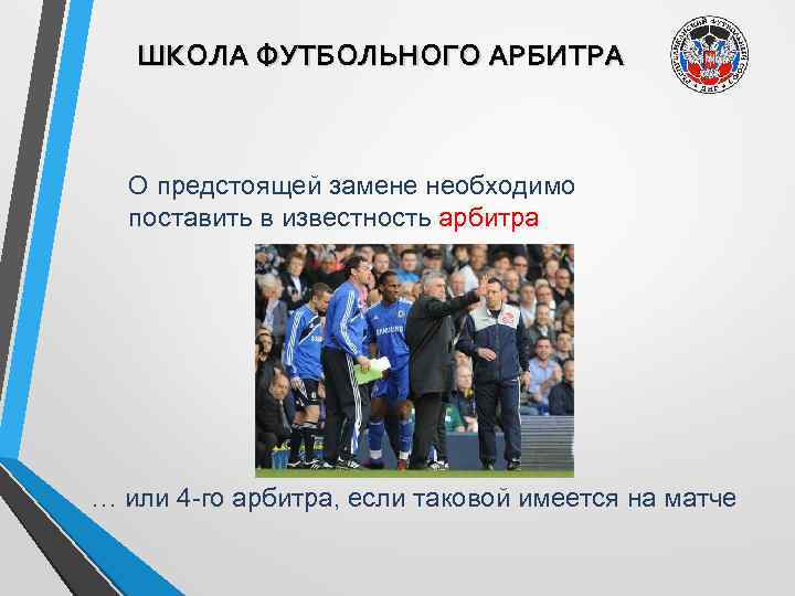 ШКОЛА ФУТБОЛЬНОГО АРБИТРА О предстоящей замене необходимо поставить в известность арбитра … или 4