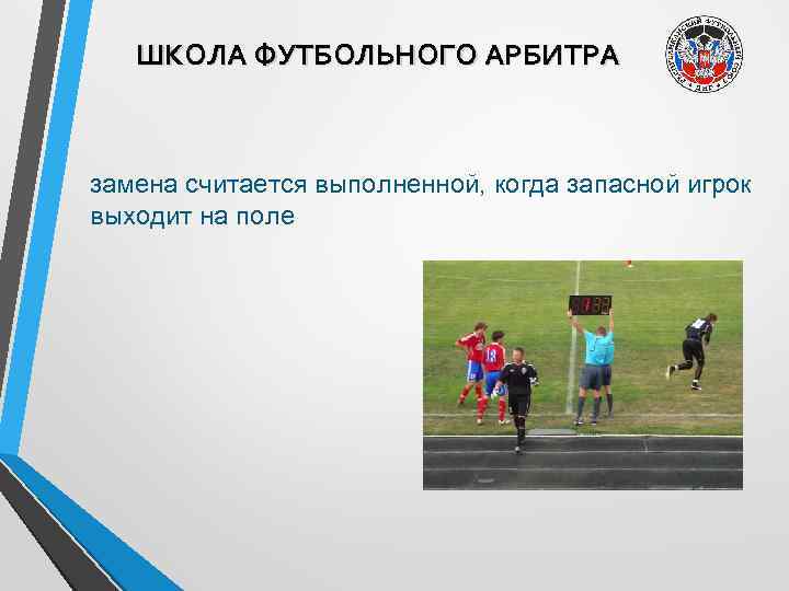 ШКОЛА ФУТБОЛЬНОГО АРБИТРА замена считается выполненной, когда запасной игрок выходит на поле 