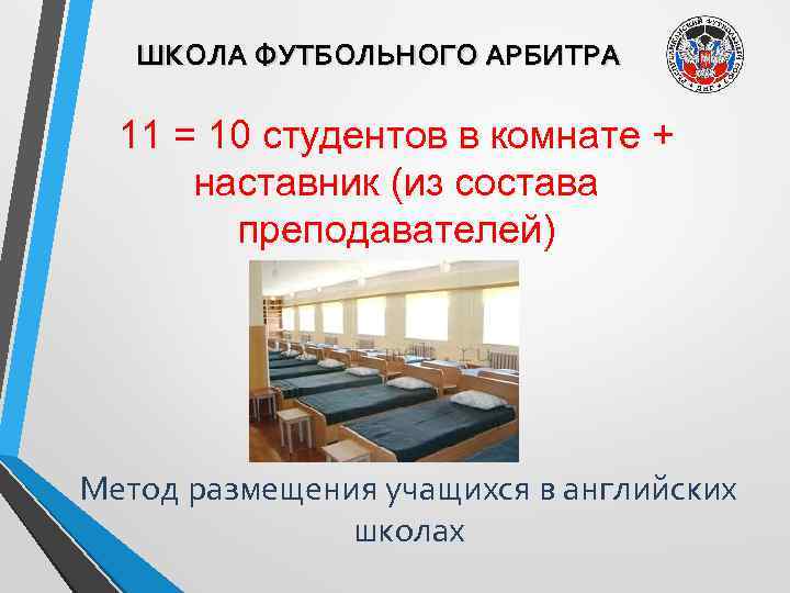 ШКОЛА ФУТБОЛЬНОГО АРБИТРА 11 = 10 студентов в комнате + наставник (из состава преподавателей)