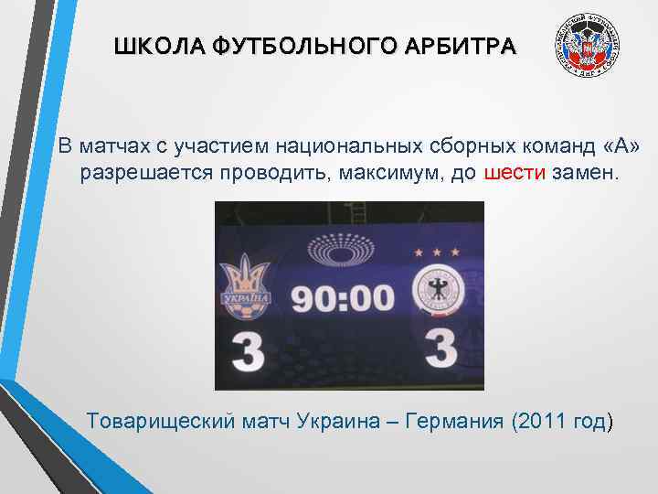 ШКОЛА ФУТБОЛЬНОГО АРБИТРА В матчах с участием национальных сборных команд «А» разрешается проводить, максимум,