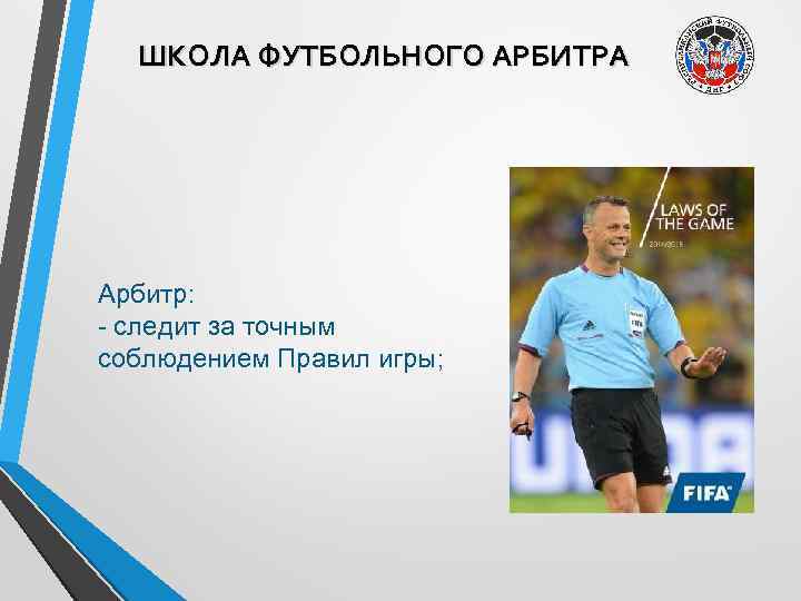 ШКОЛА ФУТБОЛЬНОГО АРБИТРА Арбитр: - следит за точным соблюдением Правил игры; 