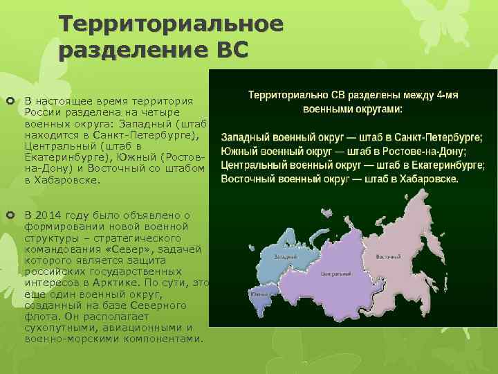Территориальное разделение ВС В настоящее время территория России разделена на четыре военных округа: Западный