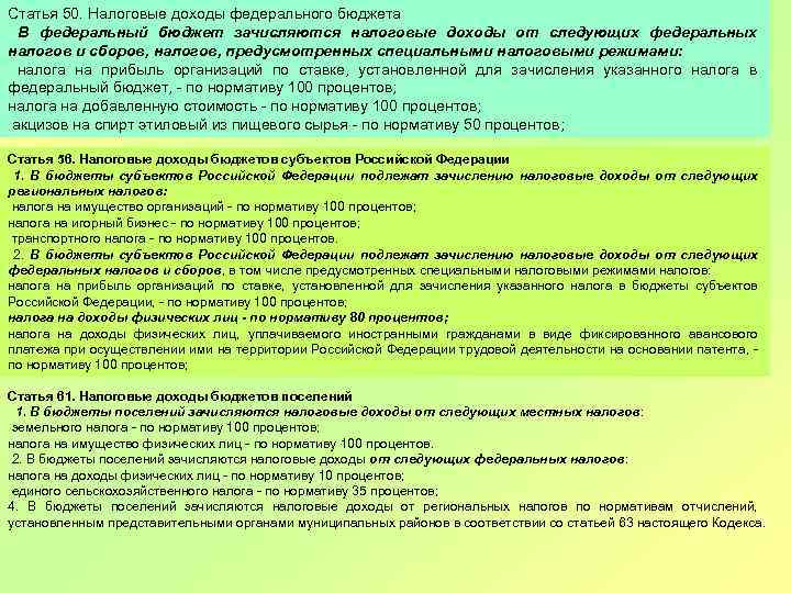 Статья 50. Налоговые доходы федерального бюджета В федеральный бюджет зачисляются налоговые доходы от следующих