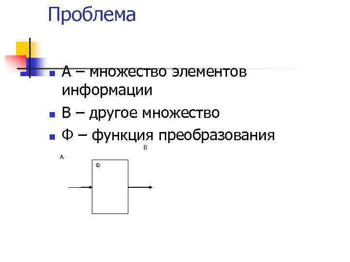 Проблема n n n А – множество элементов информации В – другое множество Ф