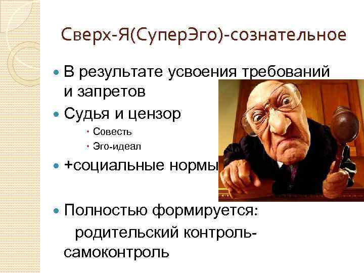 Сверх-Я(Супер. Эго)-сознательное В результате усвоения требований и запретов Судья и цензор Совесть Эго-идеал +социальные