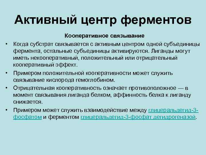 Активный центр ферментов • • Кооперативное связывание Когда субстрат связывается с активным центром одной