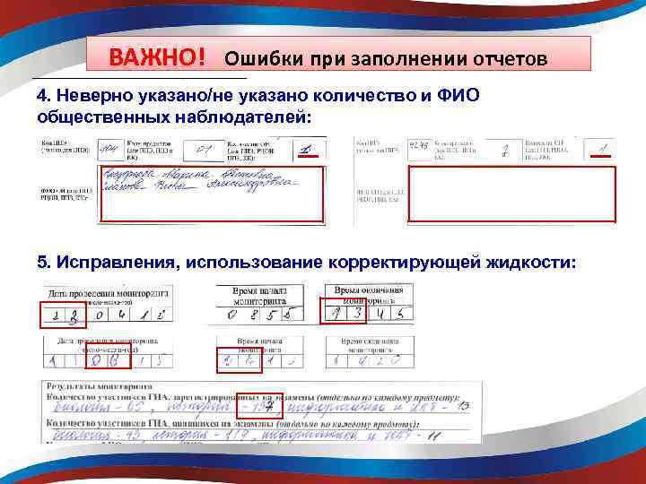 ВАЖНО! Ошибки при заполнении отчетов 4. Неверно указано/не указано количество и ФИО общественных наблюдателей: