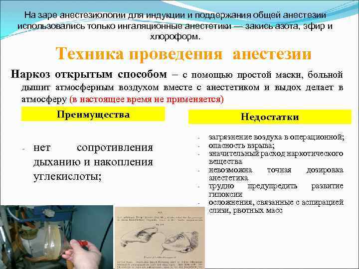 На заре анестезиологии для индукции и поддержания общей анестезии использовались только ингаляционные анестетики —