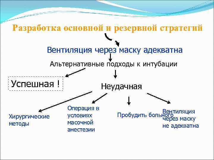 Разработка основной и резервной стратегий Вентиляция через маску адекватна Альтернативные подходы к интубации Успешная