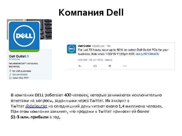 Компания Dell В компании DELL работают 400 человек, которые занимаются исключительно ответами на вопросы,