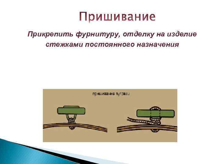 Прикрепить фурнитуру, отделку на изделие стежками постоянного назначения 
