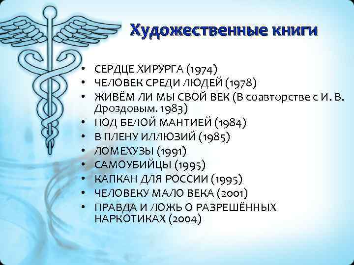 Художественные книги • СЕРДЦЕ ХИРУРГА (1974) • ЧЕЛОВЕК СРЕДИ ЛЮДЕЙ (1978) • ЖИВЁМ ЛИ