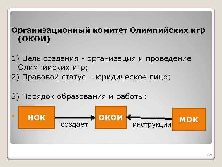 Организационный комитет Олимпийских игр (ОКОИ) 1) Цель создания - организация и проведение Олимпийских игр;