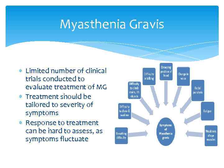 Myasthenia Gravis Limited number of clinical trials conducted to evaluate treatment of MG Treatment