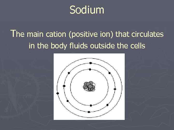 Sodium The main cation (positive ion) that circulates in the body fluids outside the