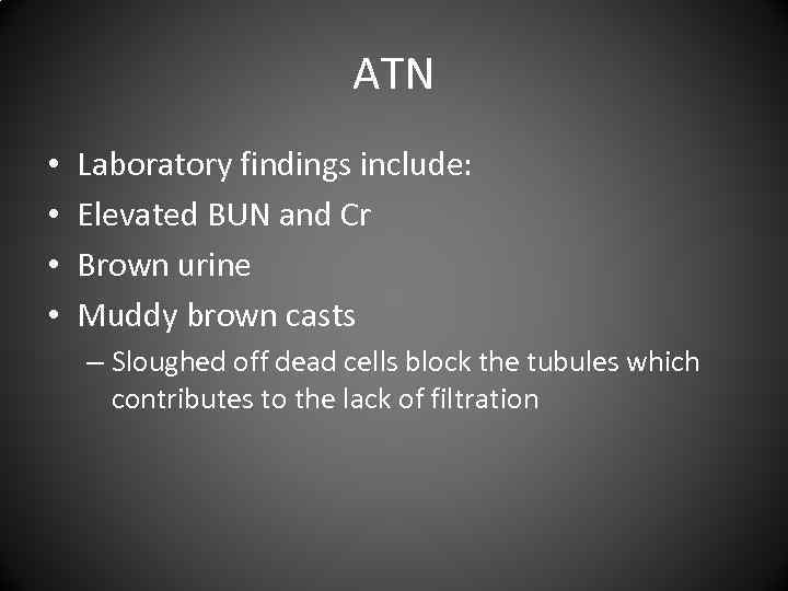 ATN • • Laboratory findings include: Elevated BUN and Cr Brown urine Muddy brown