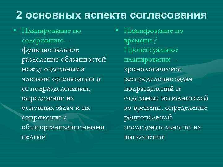2 основных аспекта согласования • Планирование по содержанию – функциональное разделение обязанностей между отдельными