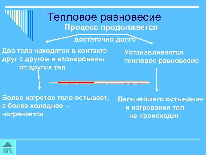 Тепловое равновесие Процесс продолжается достаточно долго Два тела находятся в контакте друг с другом